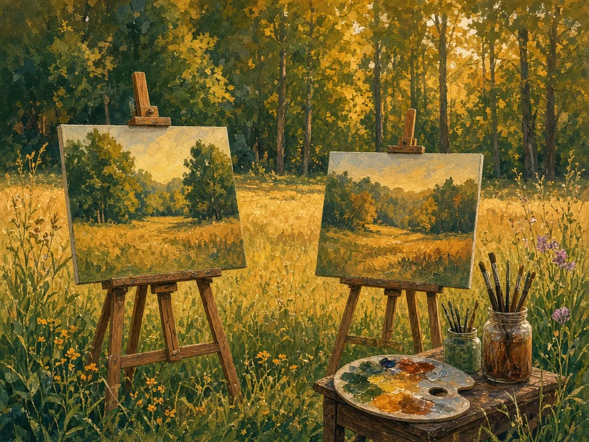 Illustration: two easels with landscape paintings set up in a meadow