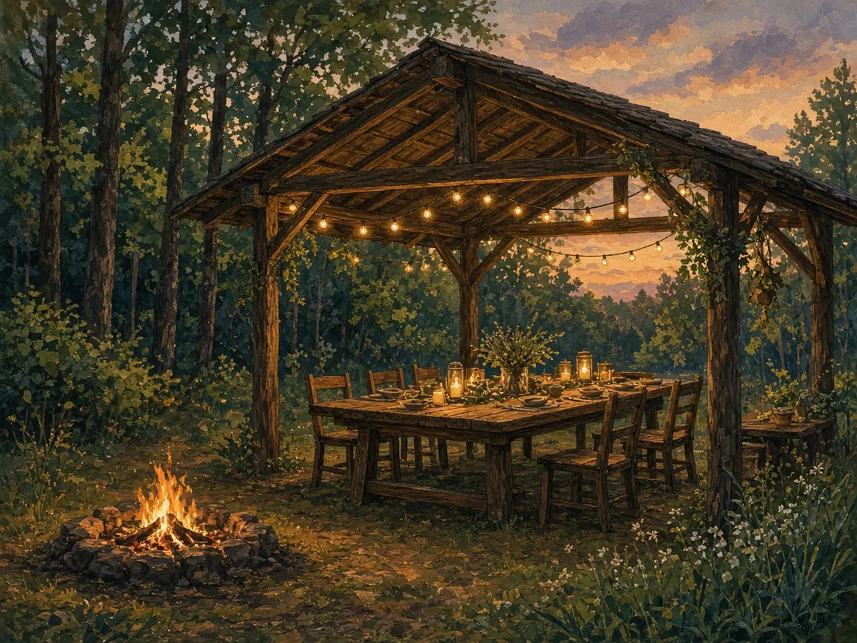 Illustration: a timber pavilion with a candlelit table and string lights at dusk