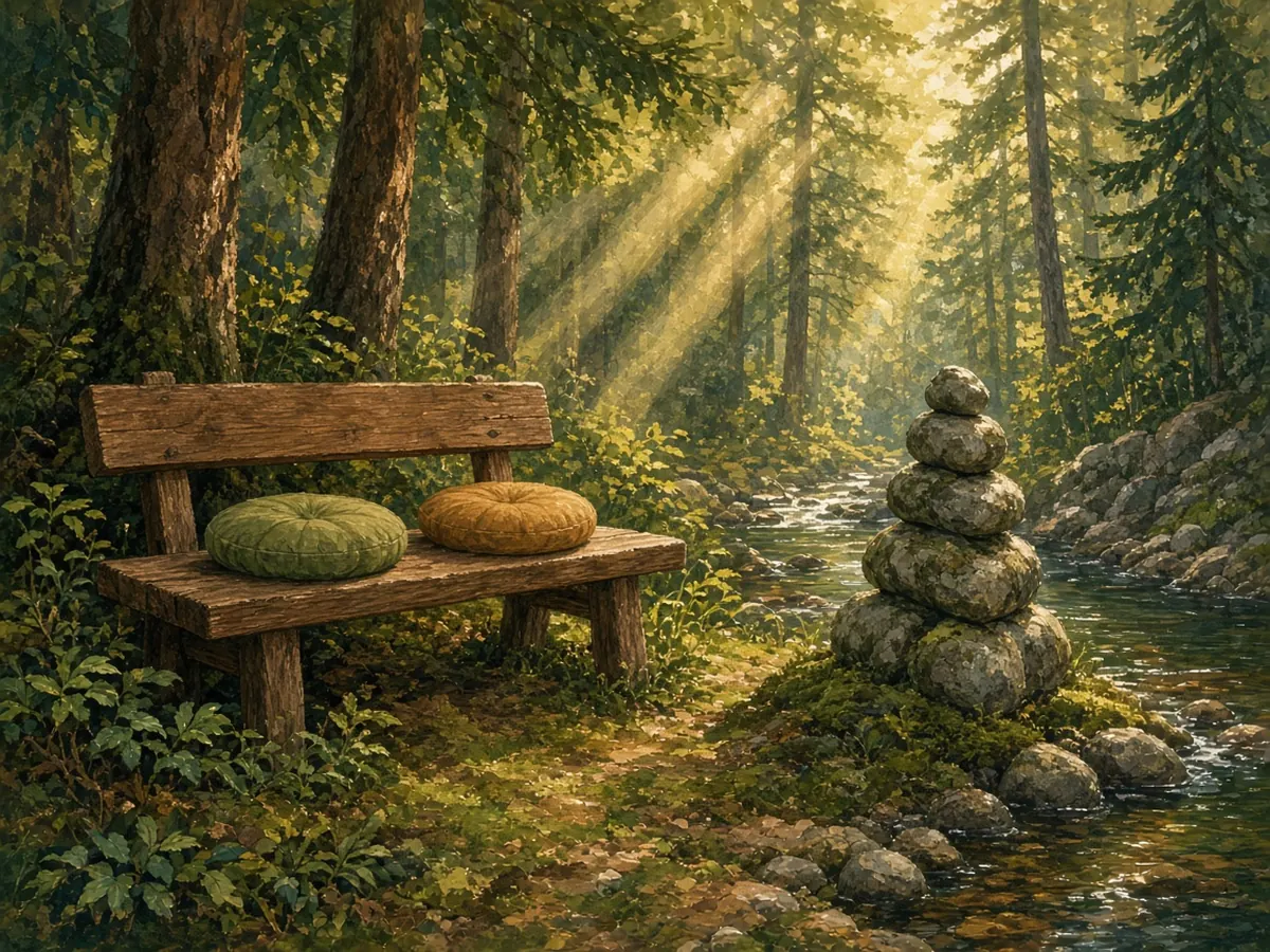 Illustration: a cedar bench with two cushions beside a stone cairn and stream
