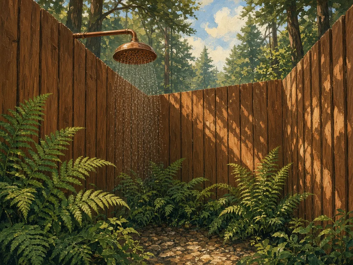 Illustration: an open-sky cedar outdoor shower with a copper showerhead and ferns